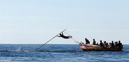 印尼原始島民海上撐竿飛躍捕巨鯨(圖)